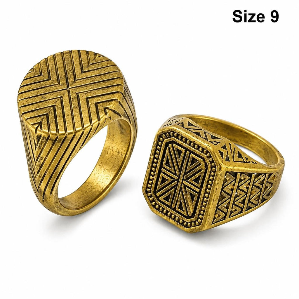 Pair of men's gold-tone rings in size 9, stylish jewelry by Republic Mercantile with smooth polished finish.