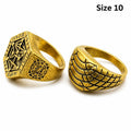 Pair of men's gold tone rings in size 10, stylish jewelry from Republic Mercantile with polished finish and classic design.