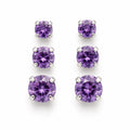 Three pairs of crystal purple gem earrings in small, medium, and large sizes from Republic Mercantile displayed on a white background.