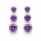 Three pairs of crystal purple gem earrings in small, medium, and large sizes from Republic Mercantile displayed on a white background.