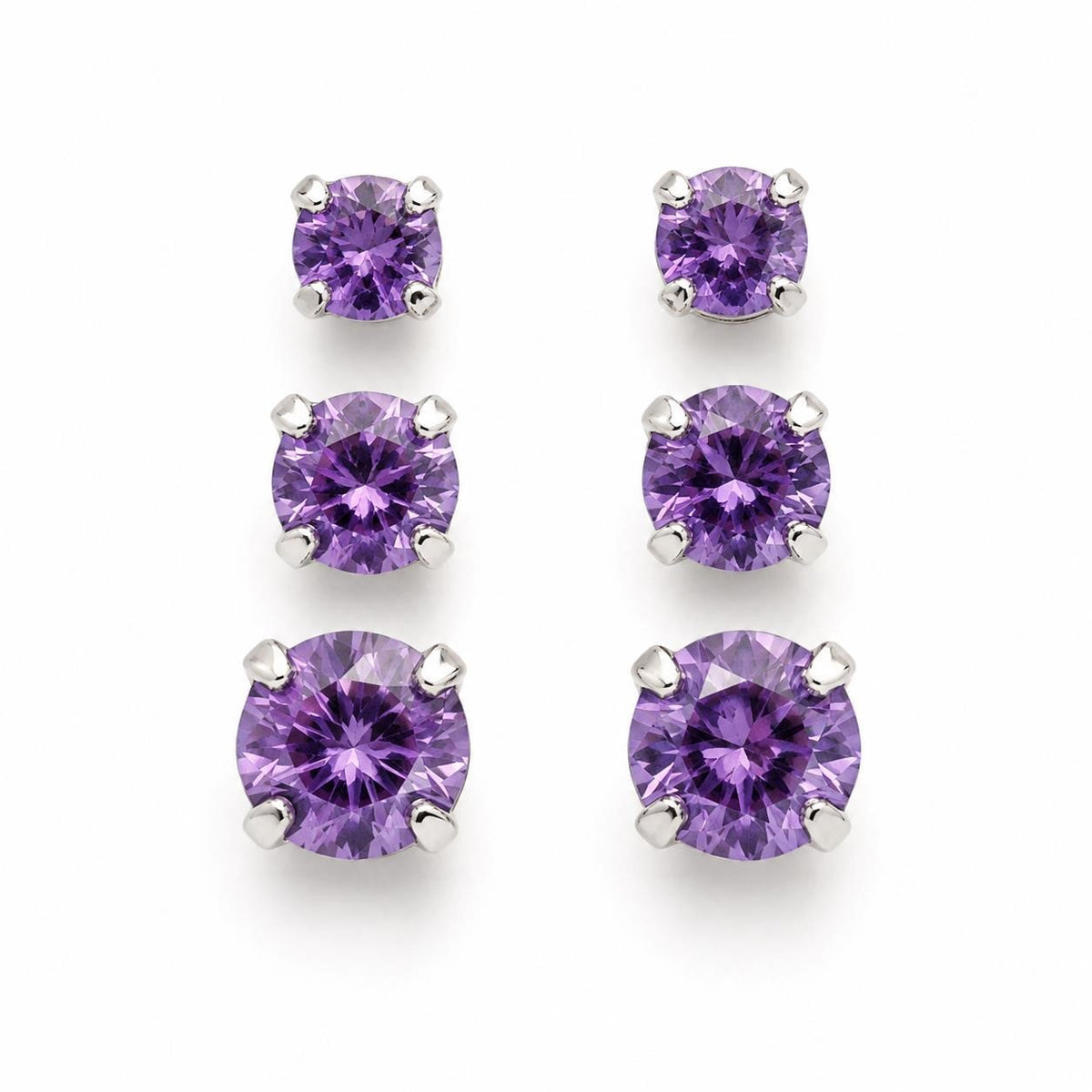 Three pairs of crystal purple gem earrings in small, medium, and large sizes from Republic Mercantile displayed on a white background.