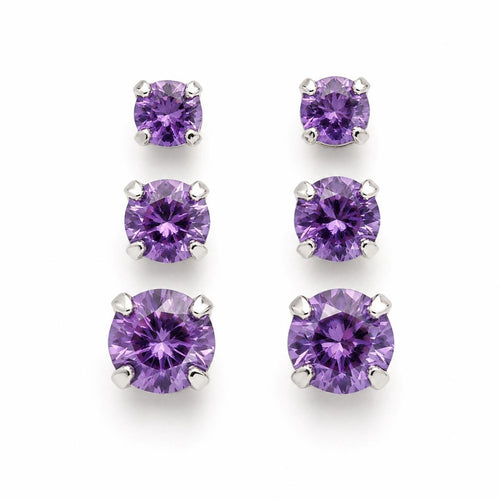 Three pairs of crystal purple gem earrings in small, medium, and large sizes from Republic Mercantile displayed on a white background.
