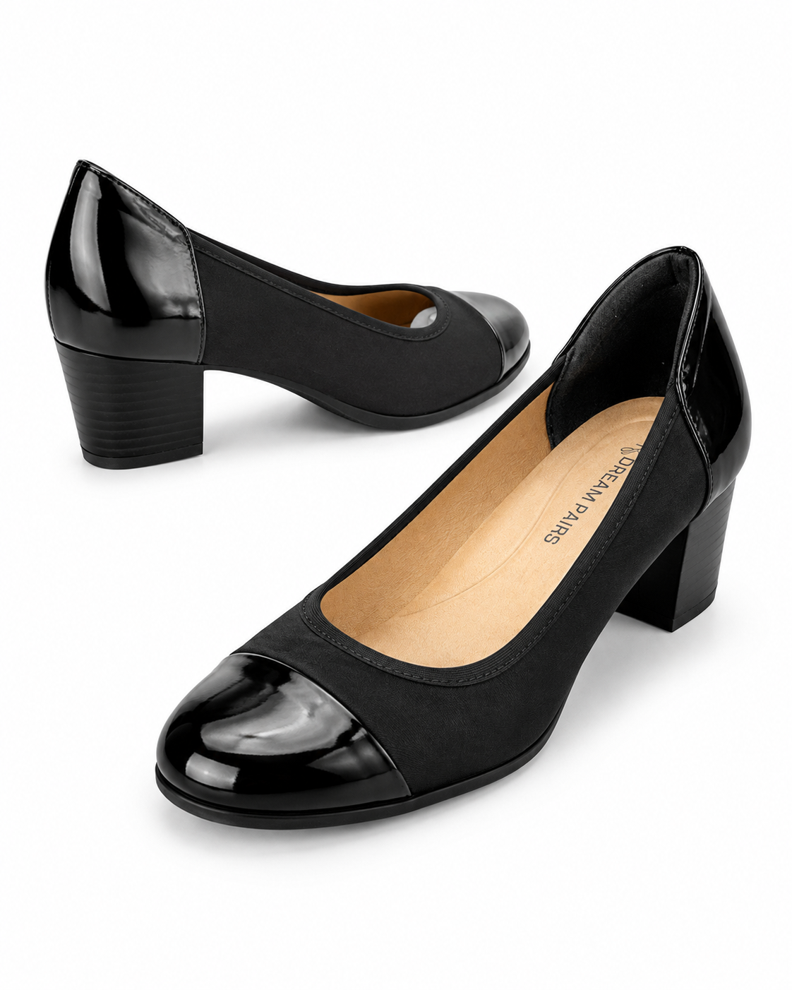 Black Dream Pairs chunky heel pumps in size 8.5, featuring a stylish design with a sturdy black heel and sleek upper.