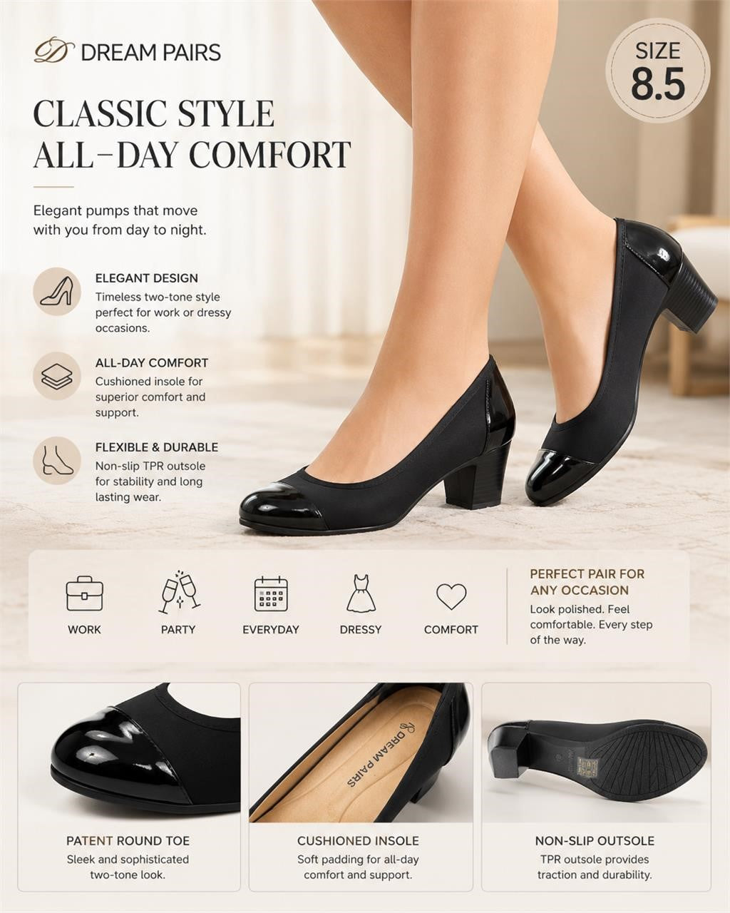 Black chunky heel pumps by Dream Pairs in size 8.5, featuring a stylish design and comfortable fit.