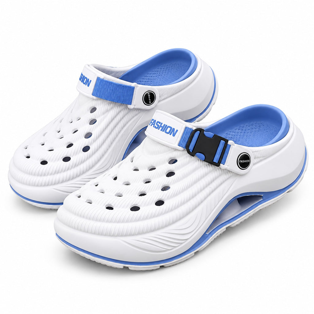 Fashion brand thick-soled elevated casual beach Crocs slides in size 13.5-14 with comfortable design and stylish appearance.