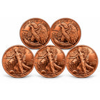 Five 1 oz .999 pure copper bullion ingots with Walking Liberty design, produced by Republic Mercantile, showing detailed coin-like rounds.
