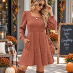 Fantaslook women's fall dress with square neck, long sleeves, casual babydoll style in size S, featuring a flattering silhouette.