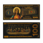 Bronze-colored Jesus Christ Last Supper tribute note from Republic Mercantile, featuring detailed religious artwork and inscriptions.