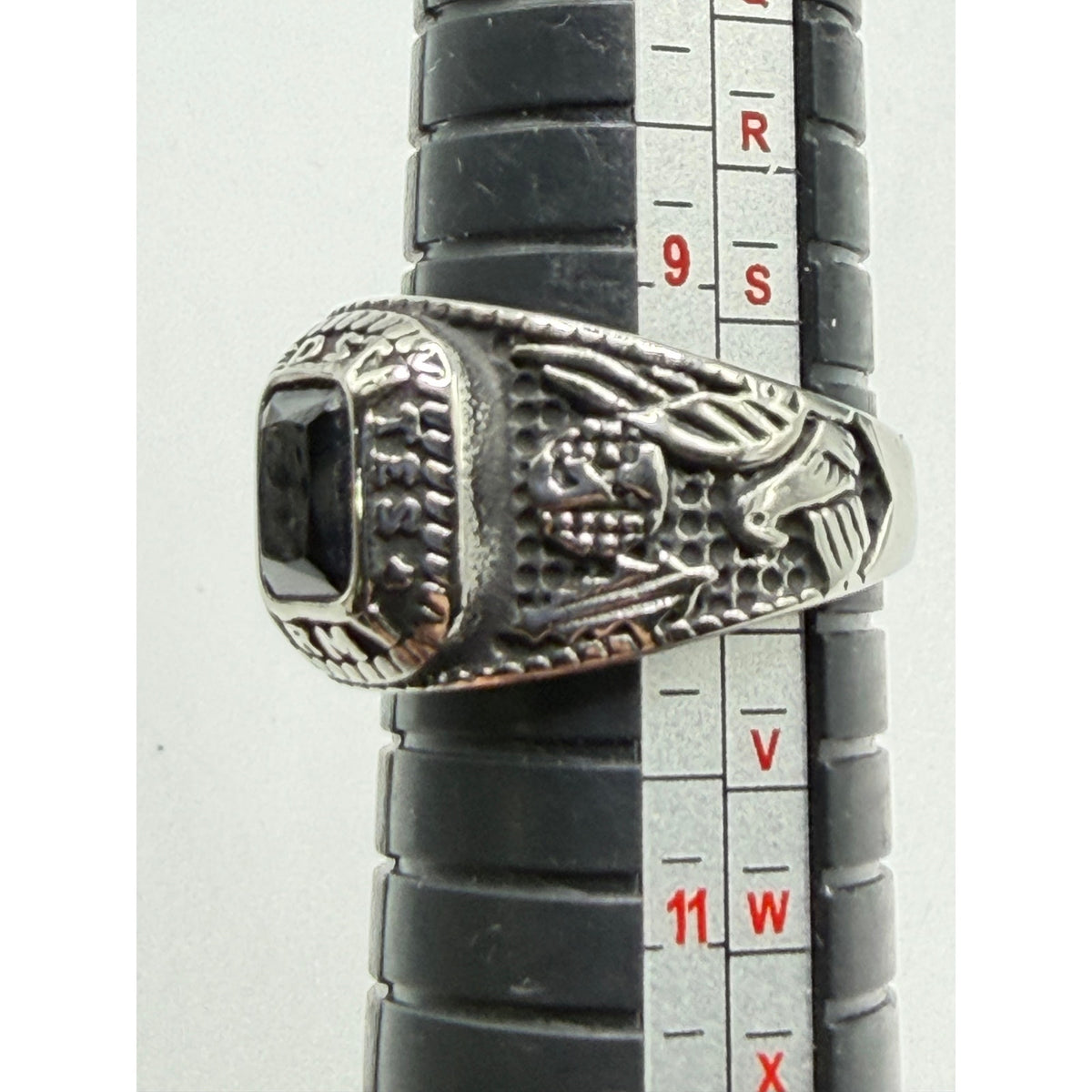 Men’s silver and black US Army signet ring in size 10, featuring engraved military insignia, by Republic Mercantile.