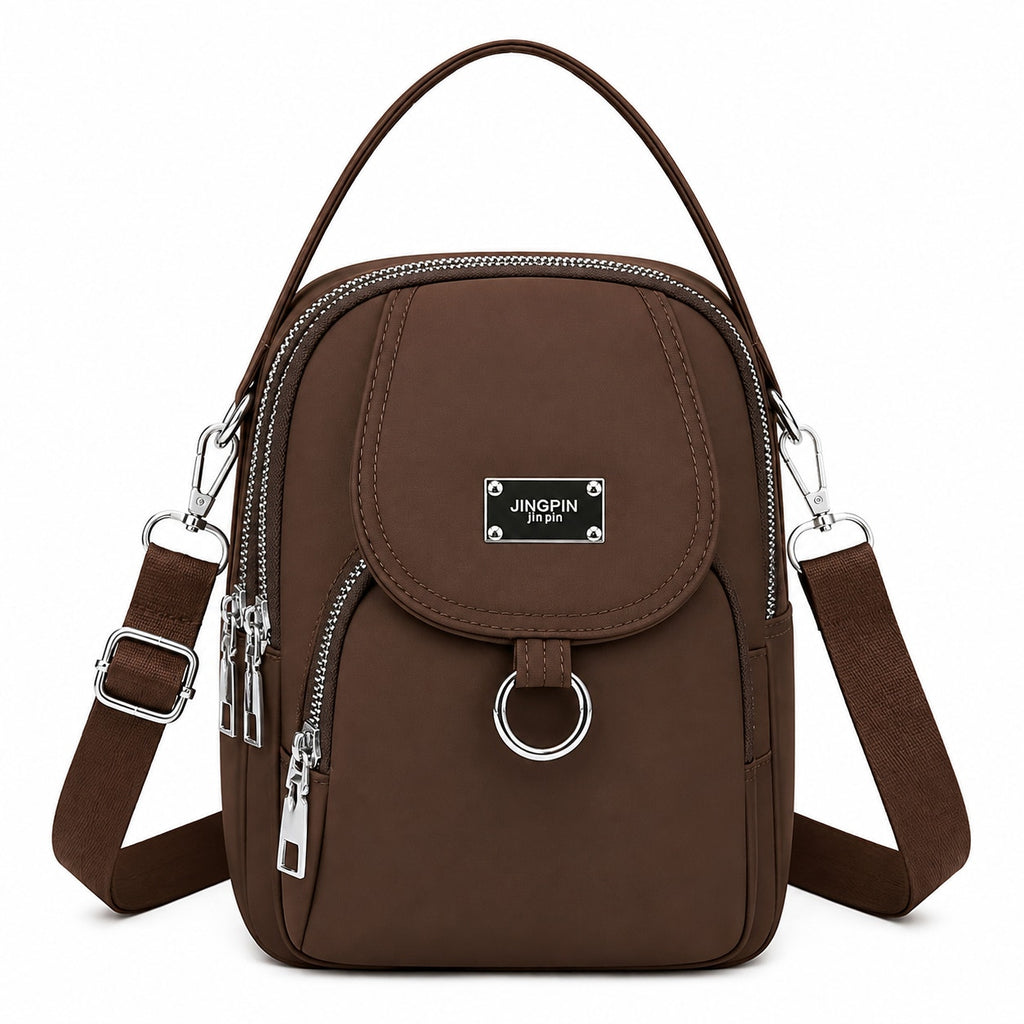 Women's single shoulder bag with multiple pockets and zippers by Jingpin, featuring a stylish design and functional storage.