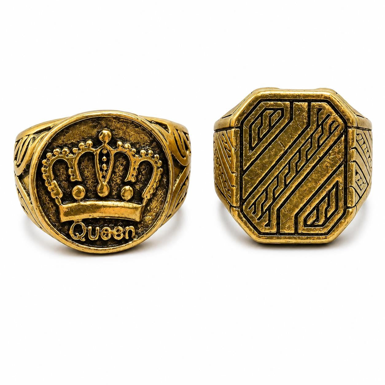 Set of 2 gold tone men's rings in size 7.5, stylish jewelry by Republic Mercantile, displayed on a neutral background.