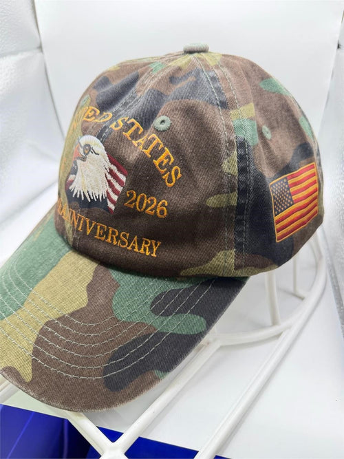 Camo USA ball cap hat celebrating 250th anniversary with Republic Mercantile branding, featuring adjustable strap and embroidered details.