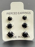 Three pairs of black crystal gem earrings in small, medium, and large sizes from Republic Mercantile displayed on a white background.
