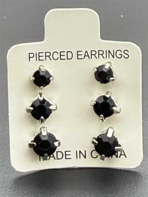 Three pairs of black crystal gem earrings in small, medium, and large sizes from Republic Mercantile displayed on a white background.
