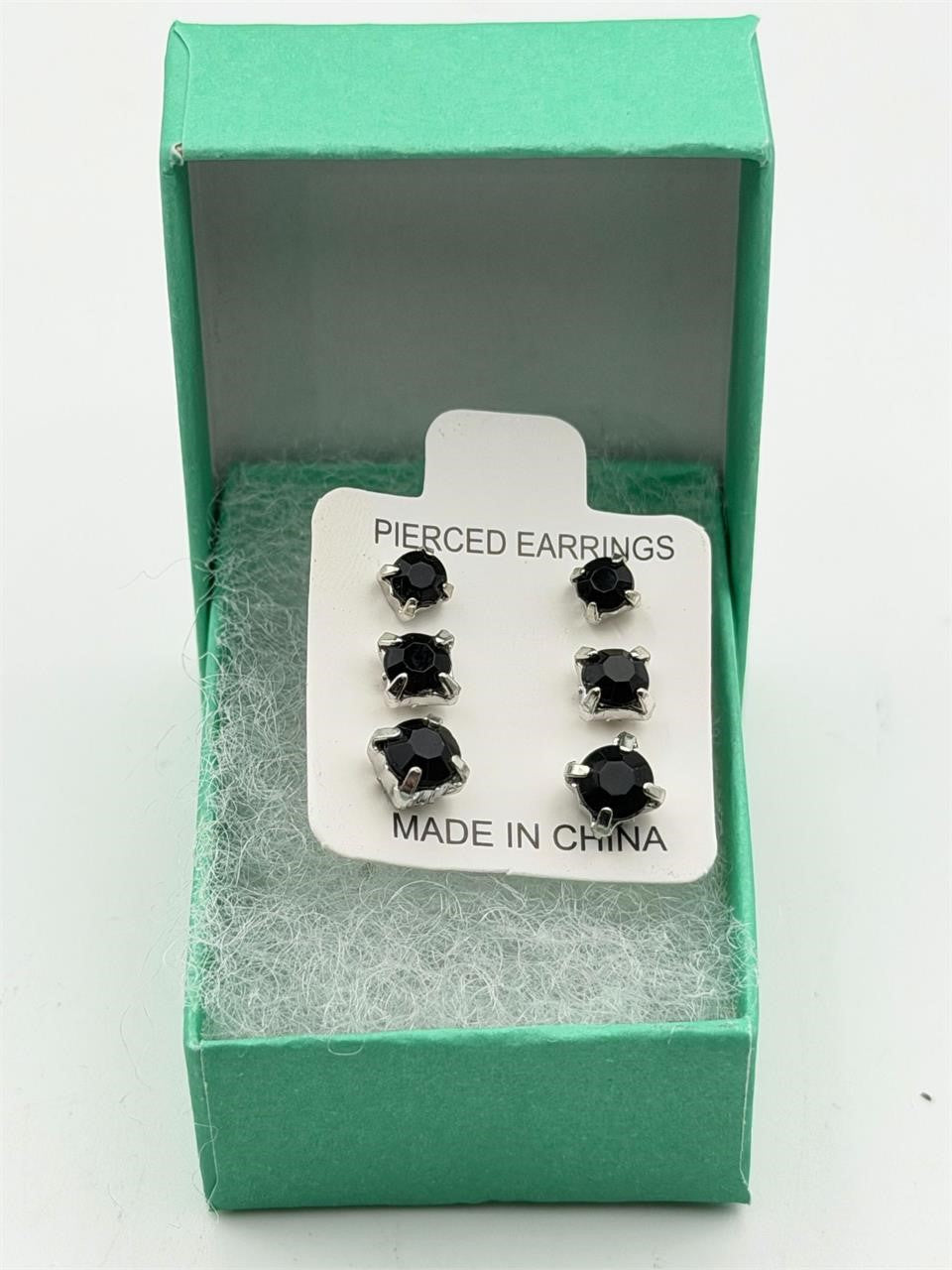 Set of three crystal black gem earrings in small, medium, and large sizes by Republic Mercantile, featuring sparkling gemstone details.