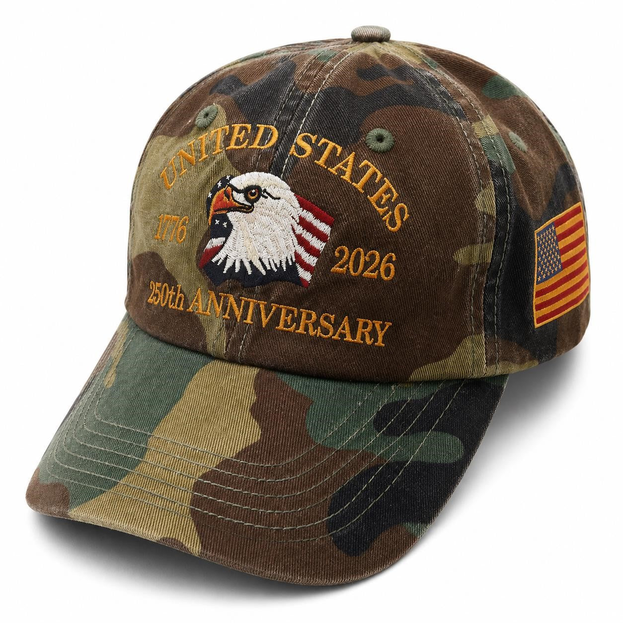 Camo USA ball cap hat celebrating 250th anniversary with Republic Mercantile branding, adjustable strap, and embroidered detail.