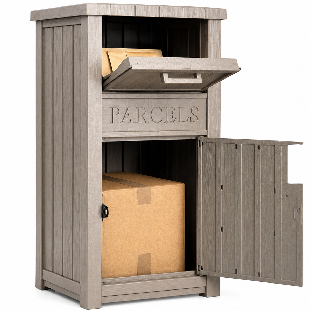 Republic Mercantile lockable outdoor parcel delivery box with secure drop slot for theft-proof package storage.