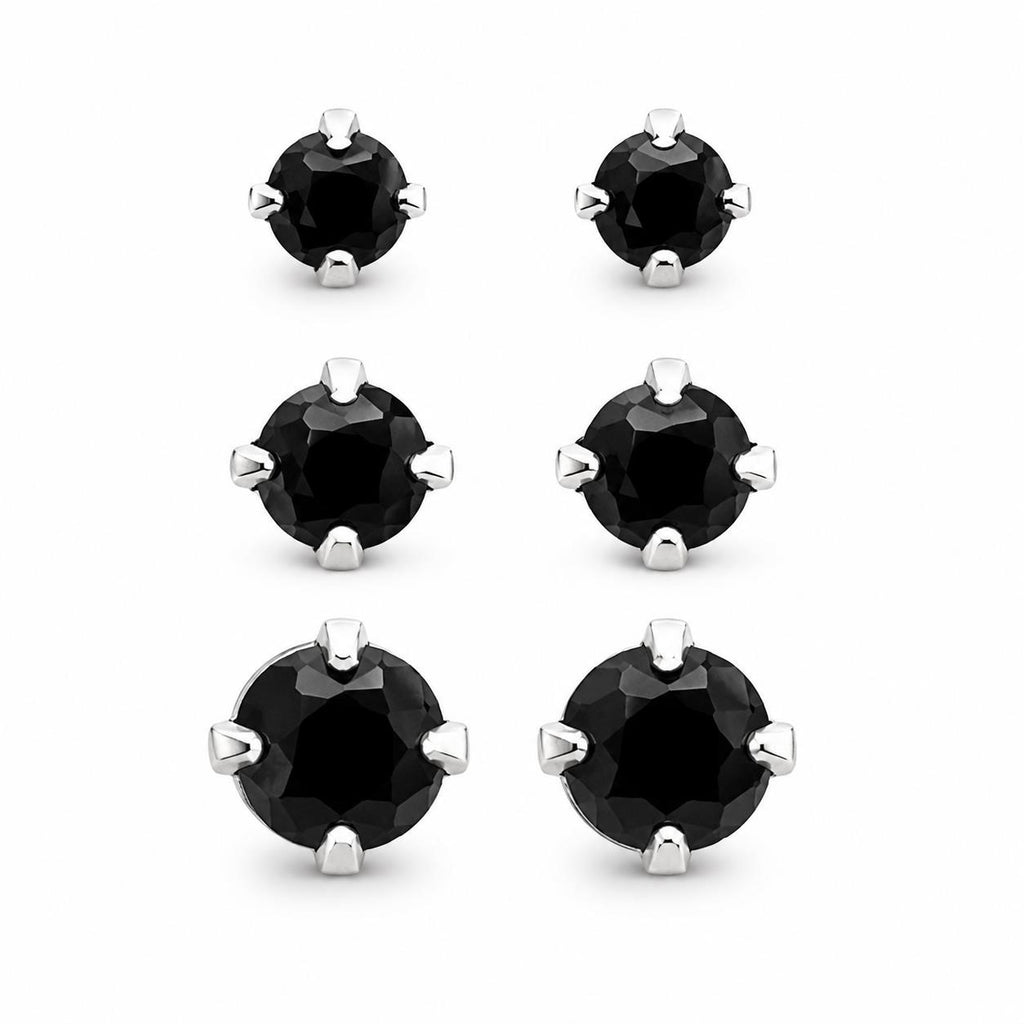 Three pairs of Republic Mercantile crystal black gem earrings in small, medium, and large sizes displayed on a white background.