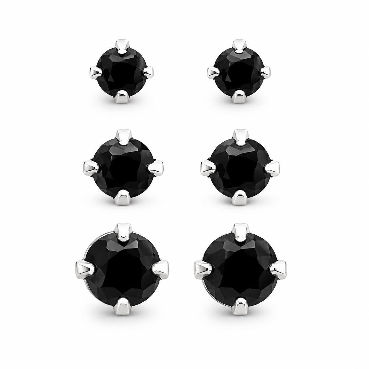 Three pairs of Republic Mercantile crystal black gem earrings in small, medium, and large sizes displayed on a white background.