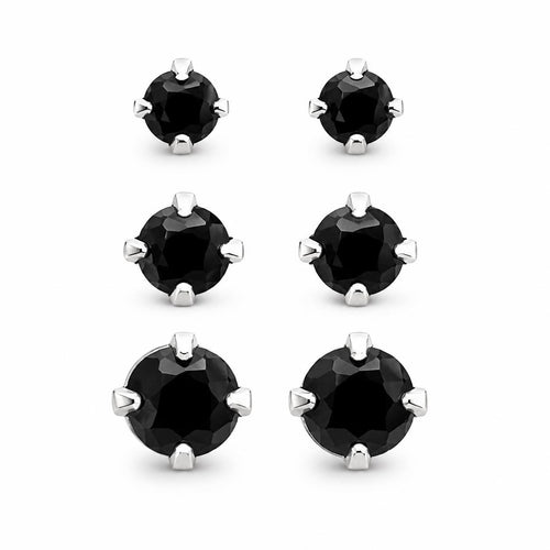 Three pairs of Republic Mercantile crystal black gem earrings in small, medium, and large sizes displayed on a white background.