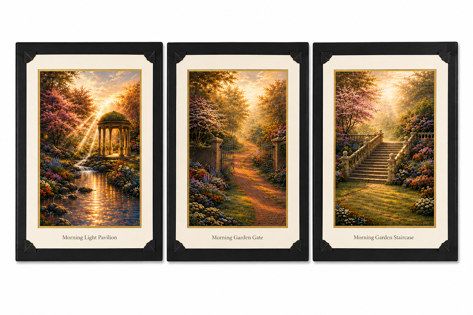 Three 8x10 inch luminous garden art prints from Republic Mercantile's Morning Light series in portfolio folders