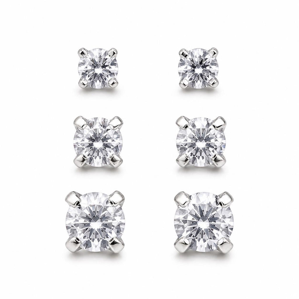 Three pairs of crystal clear gem earrings in small, medium, and large sizes, featuring sparkling gemstone designs by Republic Mercantile