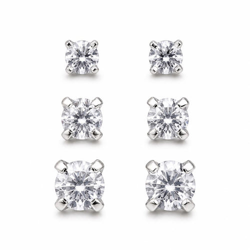 Three pairs of crystal clear gem earrings in small, medium, and large sizes, featuring sparkling gemstone designs by Republic Mercantile