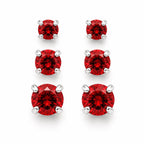 Three pairs of Republic Mercantile red crystal gem earrings in small, medium, and large sizes displayed on a white background.