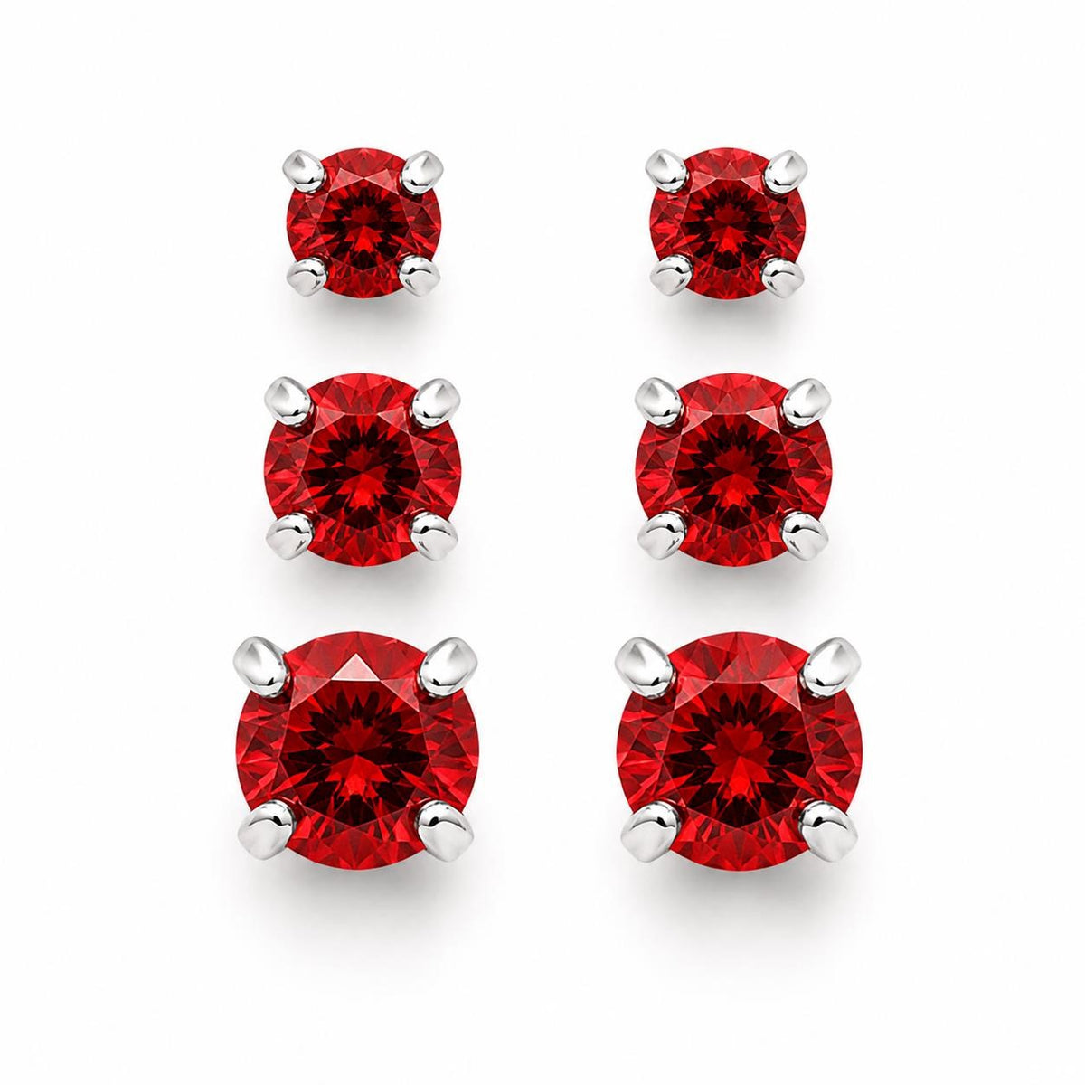 Three pairs of Republic Mercantile red crystal gem earrings in small, medium, and large sizes displayed on a white background.