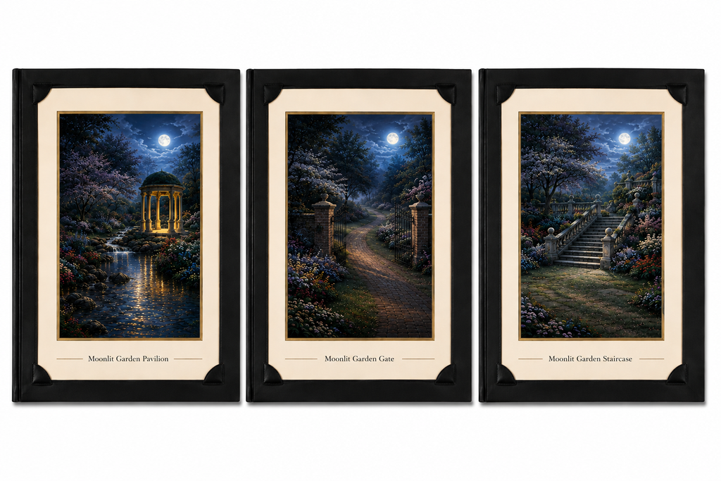 Three luminous garden art prints featuring moonlight scenes in 8x10 inch size, stored in portfolio folders by Republic Mercantile.