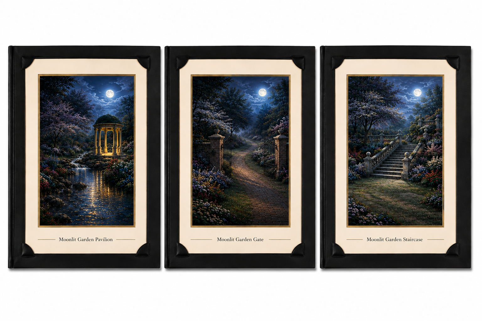 Three luminous garden art prints featuring moonlight scenes in 8x10 inch size, stored in portfolio folders by Republic Mercantile.
