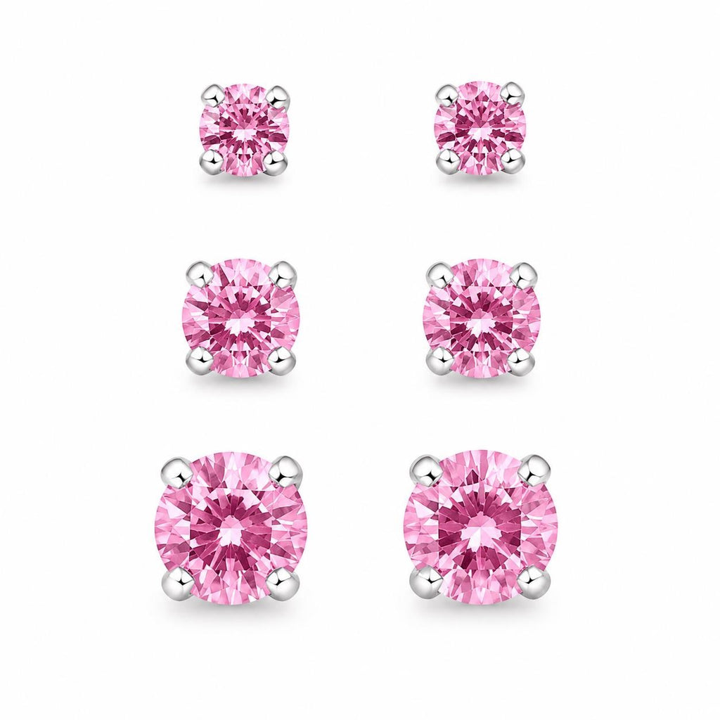 Three pairs of Republic Mercantile pink crystal gemstone earrings in small, medium, and large sizes displayed on a neutral background.