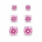 Three pairs of Republic Mercantile pink crystal gemstone earrings in small, medium, and large sizes displayed on a neutral background.
