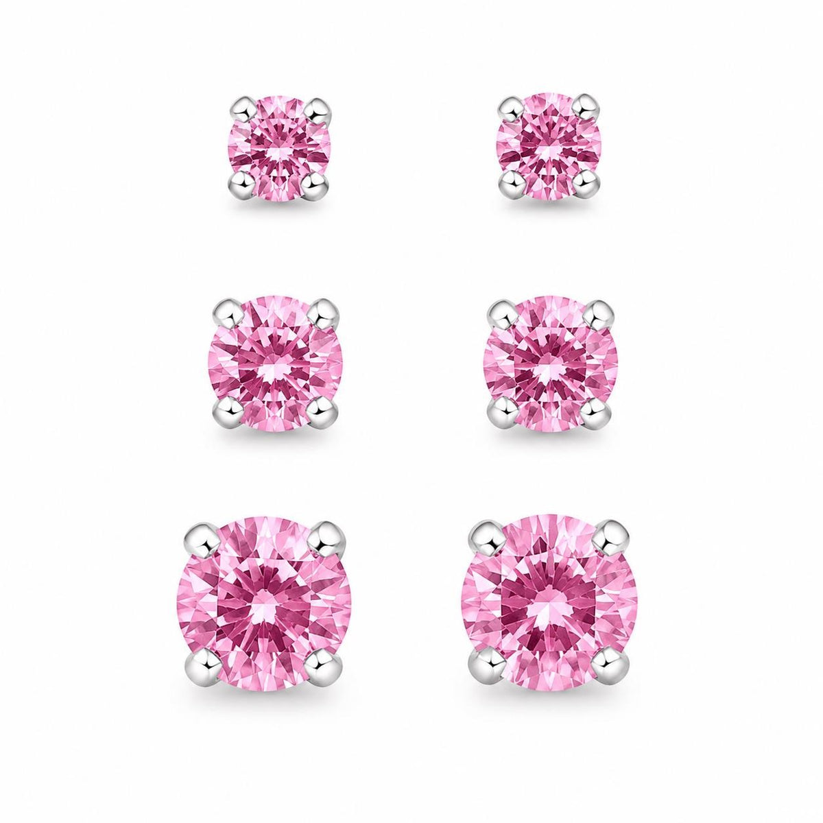 Three pairs of Republic Mercantile pink crystal gemstone earrings in small, medium, and large sizes displayed on a neutral background.