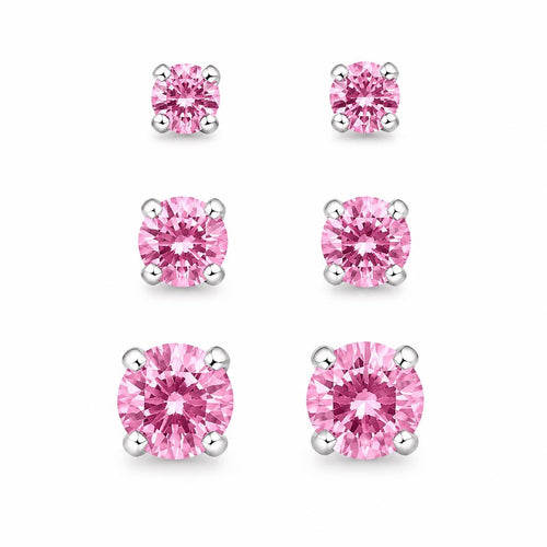 Three pairs of Republic Mercantile pink crystal gemstone earrings in small, medium, and large sizes displayed on a neutral background.