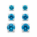 Three pairs of blue crystal gem earrings in small, medium, and large sizes by Republic Mercantile arranged on a white background.