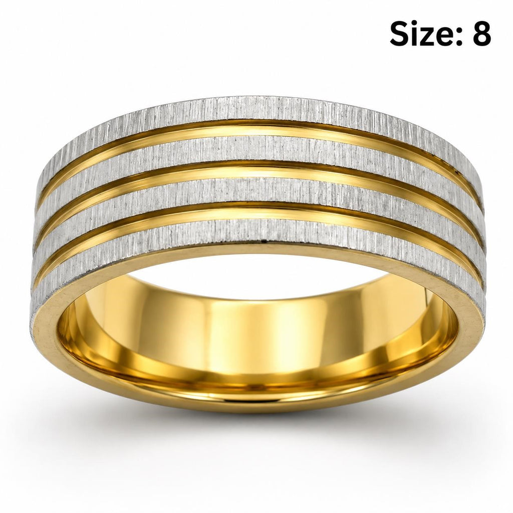 Men's gold and silver toned ring in size 8, stylish jewelry piece by Republic Mercantile featuring a sleek design.