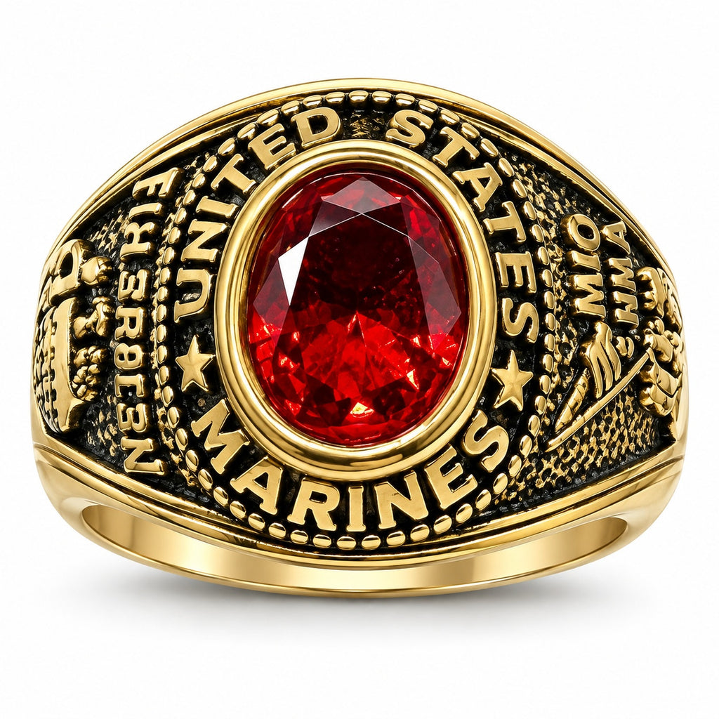 Men's US Marine Corps signet ring in gold with red accents, size 12, featuring detailed Marine emblem and Republic Mercantile branding.