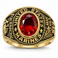 Men's US Marine Corps signet ring in gold with red accents, size 12, featuring detailed Marine emblem and Republic Mercantile branding.