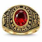 Men's US Marine Corps signet ring in gold with red accents, size 12, featuring detailed Marine emblem and Republic Mercantile branding.