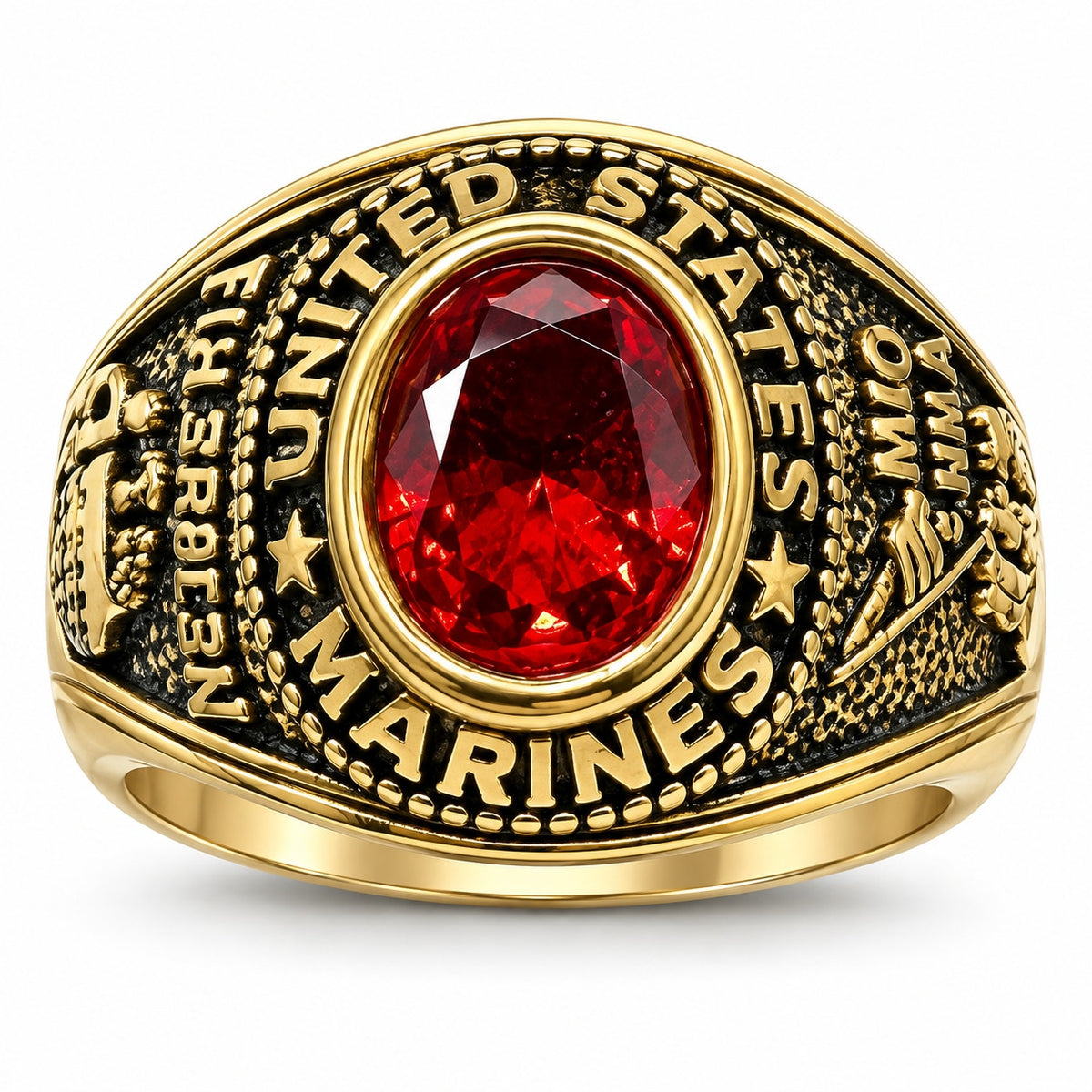 Men's US Marine Corps signet ring in gold with red accents, size 12, featuring detailed Marine emblem and Republic Mercantile branding.