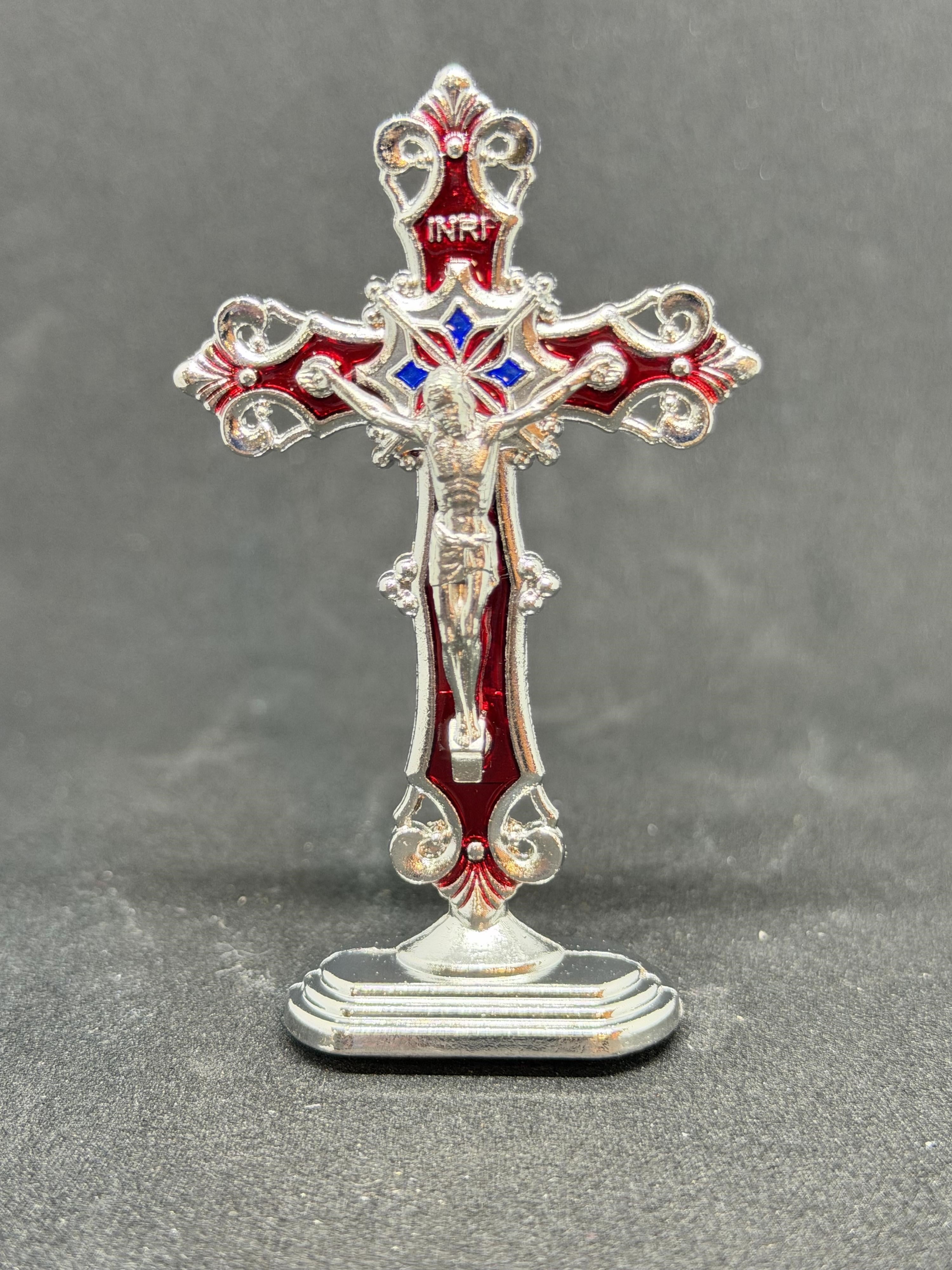 Red and silver cross statue, 3 inches tall, with intricate design, crafted by Republic Mercantile, displayed on a neutral background.