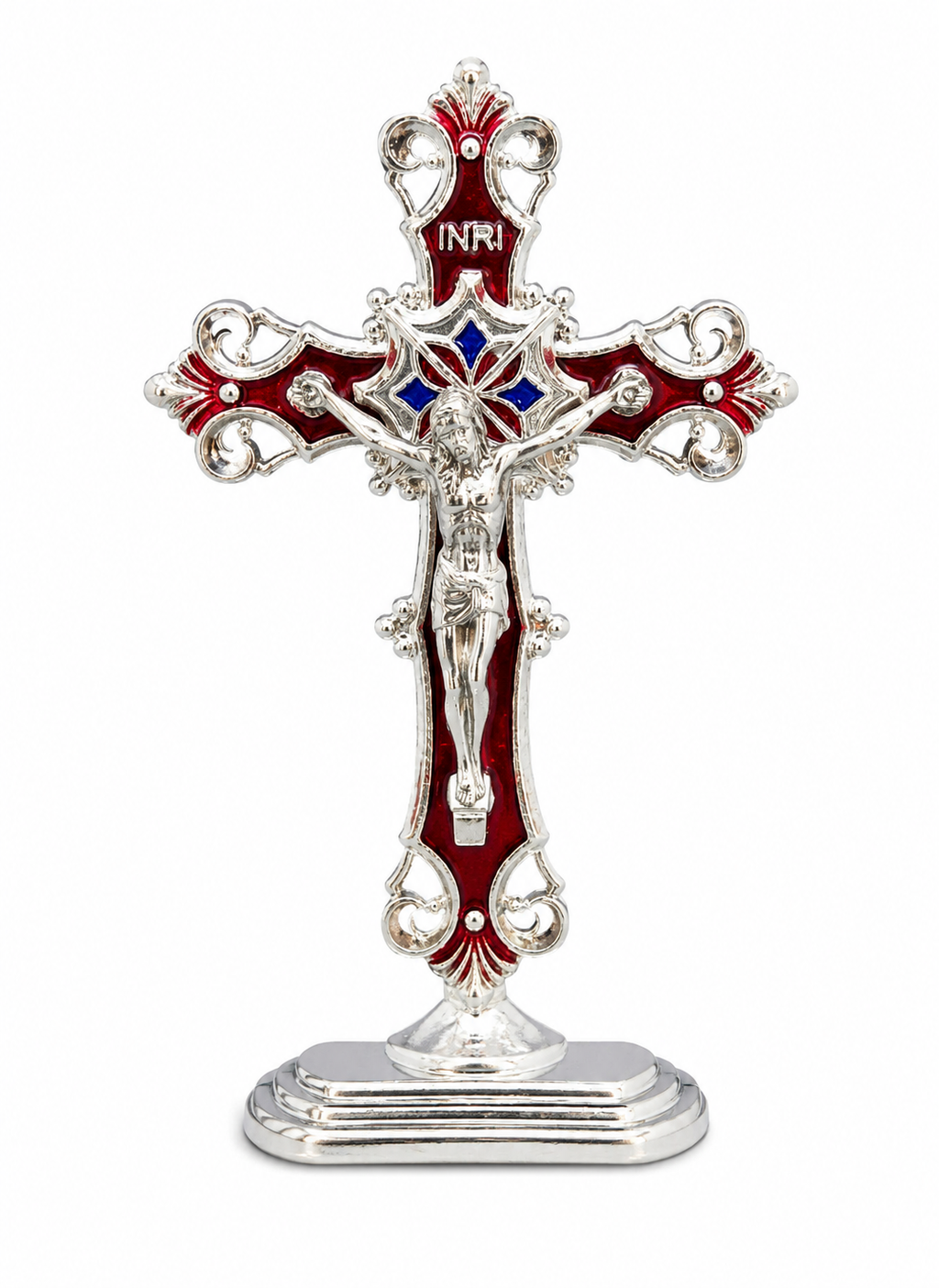 Red and silver cross statue, 3 inches tall, crafted by Republic Mercantile, featuring detailed religious symbolism.