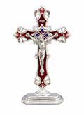 Red and silver cross statue, 3 inches tall, crafted by Republic Mercantile, featuring detailed religious symbolism.