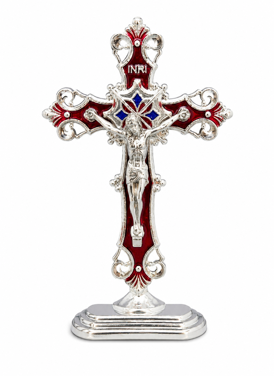Red and silver cross statue, 3 inches tall, crafted by Republic Mercantile, featuring detailed religious symbolism.