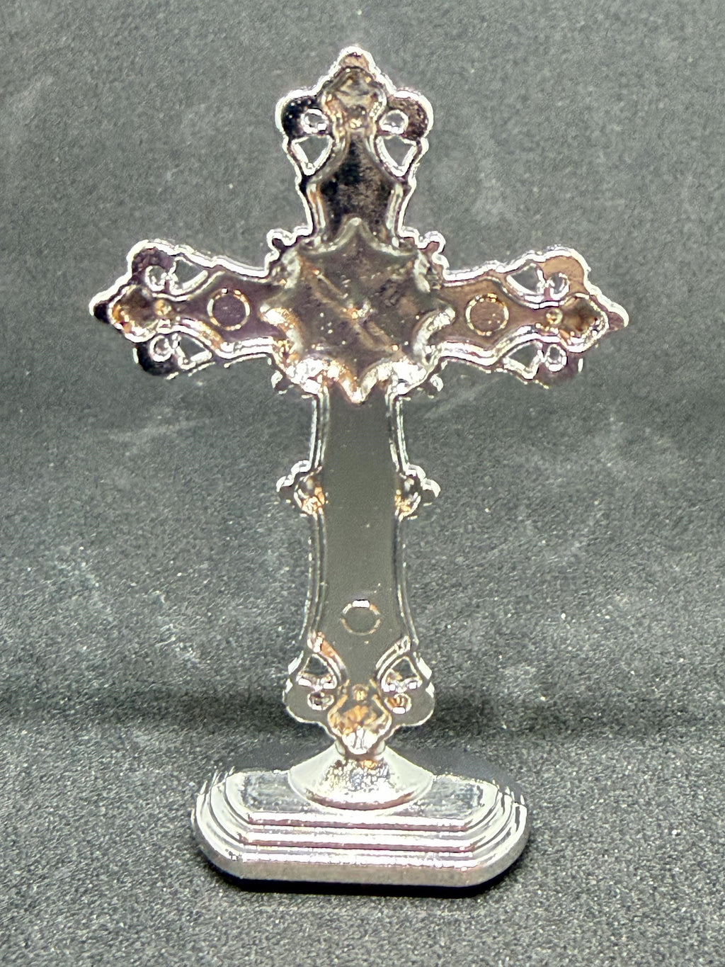 Red and silver cross statue, 3 inches tall, from Republic Mercantile, with detailed design and polished finish.