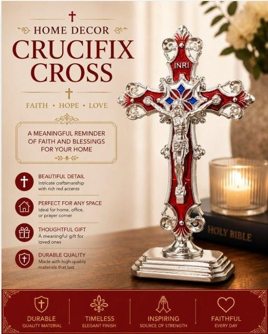 Red and silver cross statue, 3 inches tall, with detailed design, representing Republic Mercantile's religious decorative item.