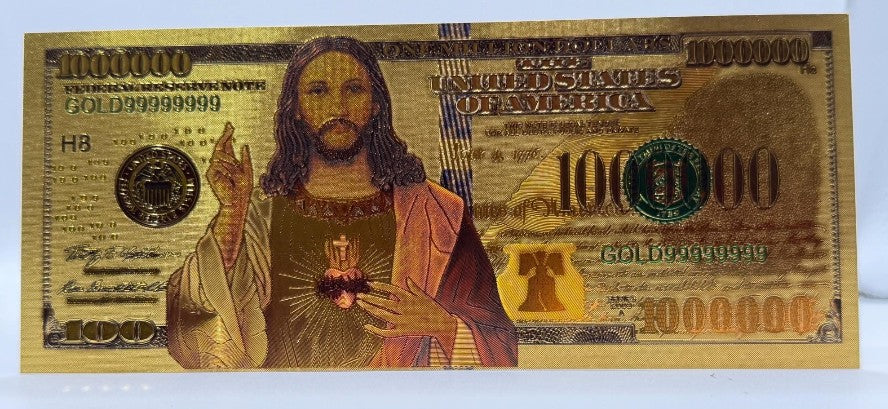 Gold note featuring Jesus Christ design, novelty collectible currency from Republic Mercantile, detailed illustration on a gold-colored note.