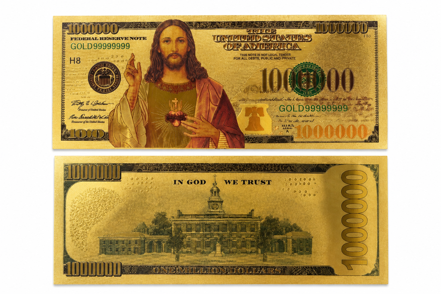 Gold note featuring Jesus Christ design from Republic Mercantile, showcasing intricate details on a novelty collectible note.