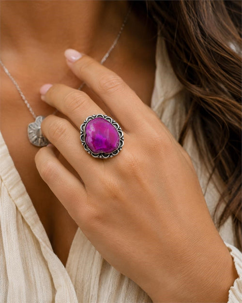 Sterling silver women's ring with a vibrant fuchsia dyed agate stone, size 9, from Republic Mercantile.